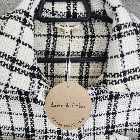 Womens Aaron & Amber Plaid Jacket Button Up Black & White 3/4 Sleeve Raw Hem M - Picture 6 of 11